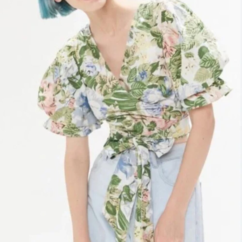Urban outfitters Green Yellow Floral Puff Sleeve Crop Wrap Top Medium